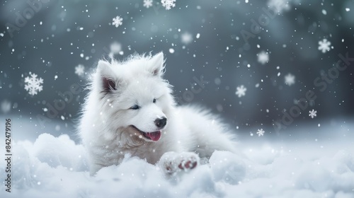Adorable white dog playing in the snow on a winter day, surrounded by falling snowflakes and a peaceful snowy landscape.