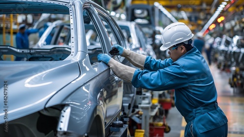 a modern car manufacturing plant. The scene should depict an assembly line with a worker wearing a white hard hat, blue coveralls, and gloves, working on the body of a car