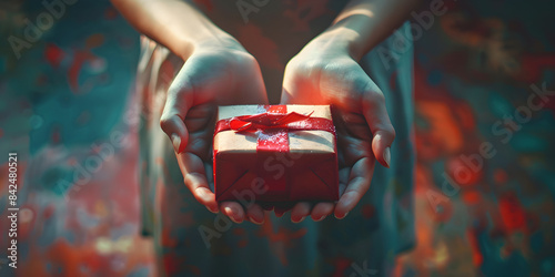 A graphic art illustration of hands with a gift box, evoking a romantic and festive atmosphere, suitable for Christmas, birthday, or party invites.