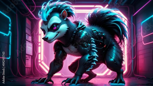 Cyberpunk skunk against neon light background