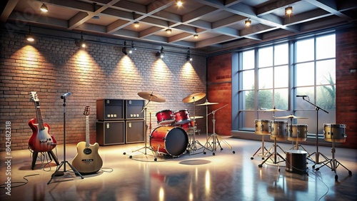 Rock band setup room with instruments and space for events promotion, rock band, setup, room, instruments, events promotion, music, equipment, stage, jam session, creative, artistic