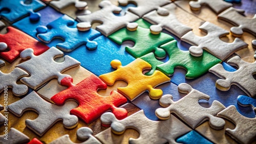Unfinished jigsaw puzzle with scattered pieces serves as a metaphor for collaboration, problem-solving, and teamwork, highlighting the challenges and obstacles to achieve a common goal.