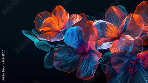 Flowers neon blue and red silhouettes on black background, blooming plants in style of heat map, AI generated image