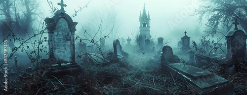 High-angle view of a haunting old cemetery enveloped in fog