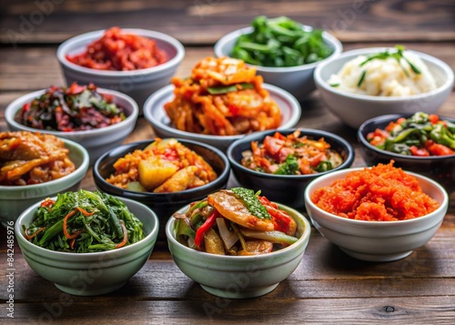Stack of various colorful Korean banchan dishes with a focus on kimchi, Korean, banchan, dishes, kimchi, food, cuisine, traditional, culture, spicy, pickled, fermented, side dishes