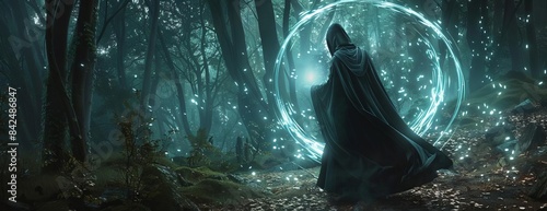 Long shot of a cloaked witch girl, performing dark magic with luminescent energy swirling in her hands, surreal spooky forest setting, CG 3D render, otherworldly ambiance