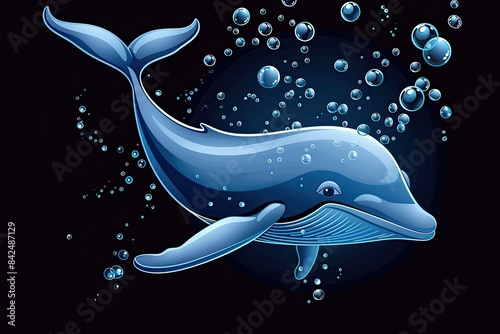 cute blue whale cartoon swimming on black background with air bubbles 
