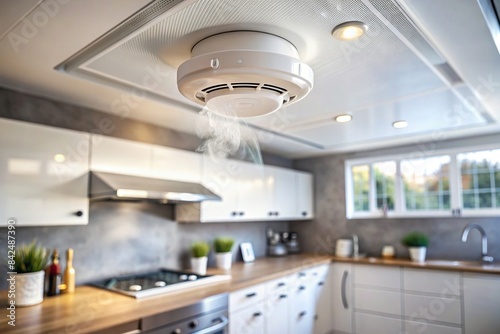 A sleek, white smoke detector mounted on a kitchen ceiling, with the kitchen interior softly blurred in the background, highlighting the importance of home safety, smoke detector
