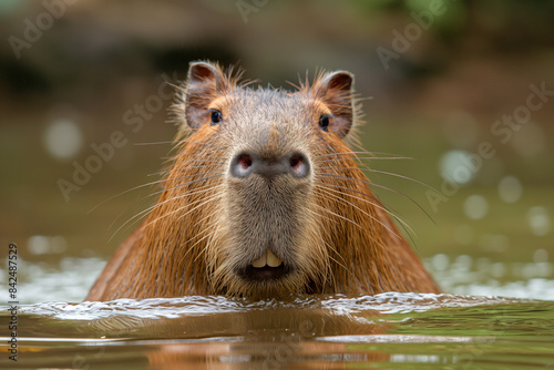 Close-up of a capybara swimming in water with its head above the surface, showcasing its distinctive nose and teeth.