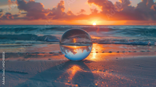 At dusk, a glass sphere by the shore reflects the summer sea