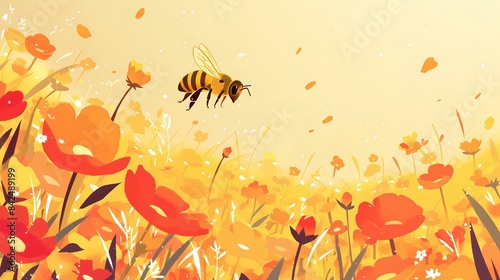 The bee is pollinating flowers. Amazing animal illustration.