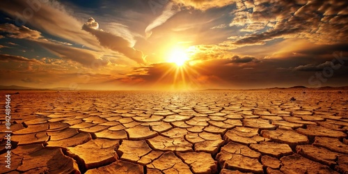 A parched, cracked earth stretches out under a blazing sun, the air thick with dust and heat, drought, cracked earth, dry land, arid, barren, desert, wasteland, heatwave