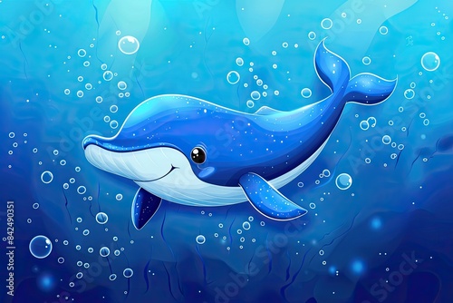 cute blue whale cartoon smiling and swimming on blue background with air bubbles 