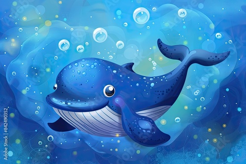 cute blue whale cartoon smiling and swimming on blue background with air bubbles 