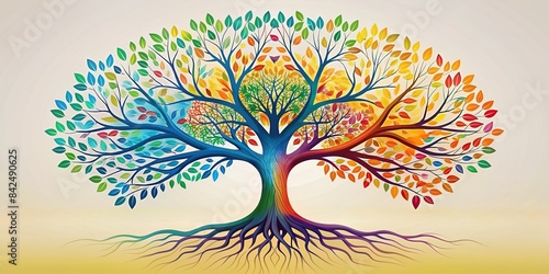 A vibrant, abstract family tree with branches reaching back through generations, each family member represented by a unique color, symbolizing the diverse lineage and ancestry, family tree