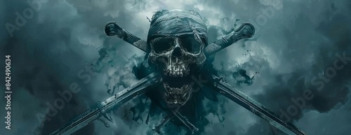 Low-angle view of a fierce pirate skull with crossed cutlasses, dark, stormy clouds in the backdrop, watercolor style, moodily lit, intensely vivid detailing