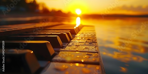Fingers dance on the keyboard keys as the sun sets. Concept Sunset, Keyboard, Music, Inspirational, Creativity