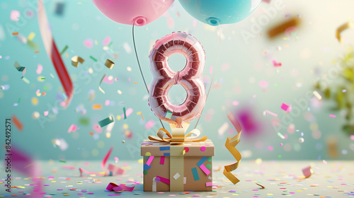 The eighth birthday is a special day, so a gift in an elegant box with a balloon in the shape of the number 8, colorful confetti and bows on a delicate background of pastel colors