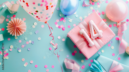 The fourteenth birthday is a special day, so a gift in an elegant box with a balloon in the shape of the number 14, colorful confetti and bows on a delicate background of pastel colors