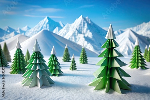 Snowy mountain landscape with origami fir trees, perfect for winter holidays and Christmas, mountain, winter, landscape,origami, fir trees, snow, holidays, Christmas, snowy, cold, white