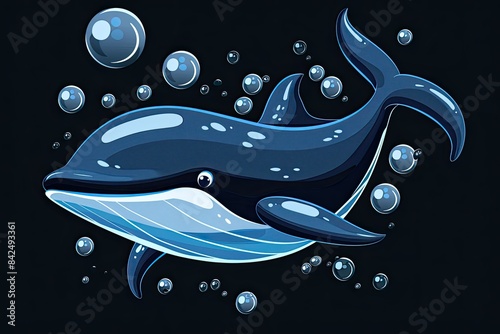 cute blue whale cartoon smiling and swimming on black background with air bubbles 