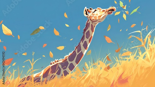The giraffe is stretching its neck to reach leaves. Amazing animal illustration