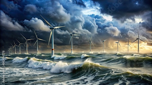 A field of powerful wind turbines stands tall in the choppy waters of the sea, their blades spinning against a backdrop of a stormy sky, wind turbines, offshore wind farm
