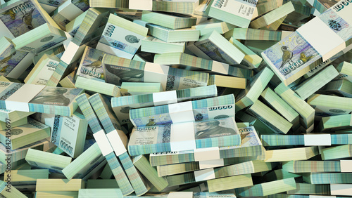 3D rendering of pile of stacks of Icelandic krona notes spread on screen surface. money krona background