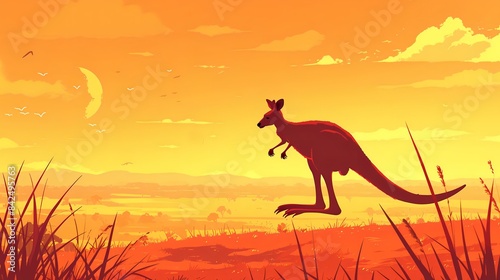 The kangaroo is hopping in the outback. Amazing animal illustration