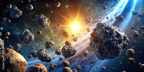 A dense swarm of asteroids, composed of jagged boulders and rocky debris, hurtles through the vast emptiness of space, asteroid swarm, space rocks, celestial bodies, flying rocks