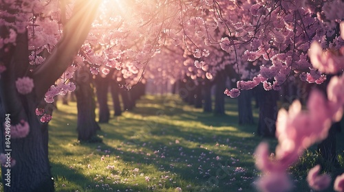 Cherry blossoming trees and sun light in park Sakura Cherry blossom alley Wonderful scenic park with rows of flowerind cherry sakura trees and green lawn in spring Sun rays in pink bl : Generative AI