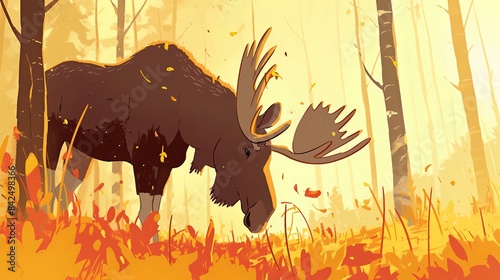 The moose is foraging for food in the forest. Amazing animal illustration