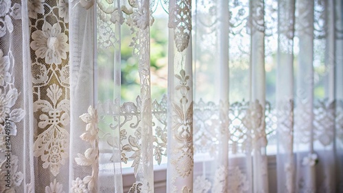 Close-up of delicate white lace curtains hanging in a room , lace, curtains, white, delicate, patterns, home decor, window coverings, interior design, elegant, vintage, stylish, sheers