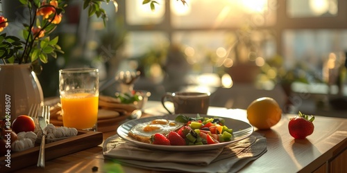 Sunny Morning Breakfast With Eggs and Fruit. Generative AI