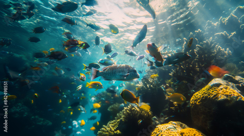 Underwater beautiful photography of a fish swarm swimming in the great barrier reef during daytime. Show the variety of marine life. Cinematic still, caustics, cinematic lighting.