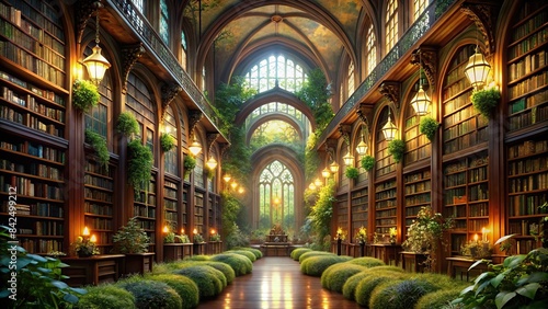A grand, dimly lit library with soaring gothic arches, illuminated by twinkling fairy lights draped amongst towering bookshelves filled with ancient tomes. Lush