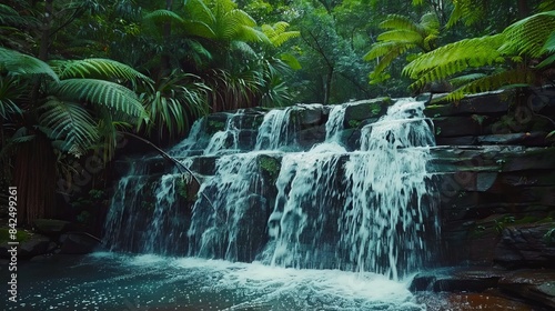 "Cinemagraph Seamless photo Loop: Waterfall with Fresh Water in the Romantic and Idyllic Tropical Jungle Rainforest. Located in Blue Mountains National Park near Sydney, Australia, 