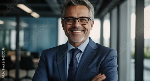 Happy mid aged business man ceo standing in office arms crossed. Smiling mature confident professional executive manager, proud lawyer, confident businessman leader wearing suit, portrait.