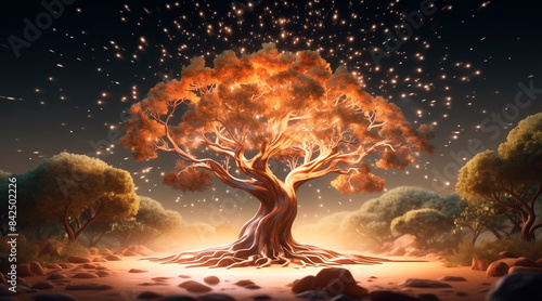 Timelapse illustration of a sandalwood tree growing from a tiny seed into a mature tree over decades, emphasizing its long growth period,The contrast between light and shadow creates a dreamlike 