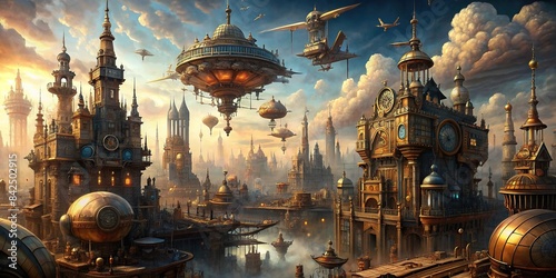 A bustling steampunk cityscape with towering clockwork structures, airships soaring overhead, and intricate gears and pipes decorating every surface , steampunk, cityscape, clockwork, airships