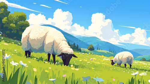 The sheep are grazing in the meadow. Amazing animal illustration