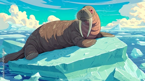 The walrus is lounging on an iceberg. Amazing animal illustration