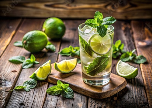 Refreshing mojito cocktail with mint, lime, and soda on a rustic wooden table , Mojito, cocktail, drink, refreshment, mint, lime, rum, cane sugar, soda, beverage, summer, tropical, ice