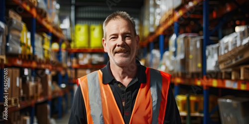 A happy middle aged bloke pictured in a warehouse that sells fasteners with a hi vis vest
