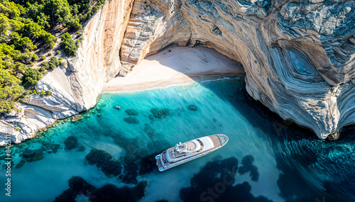 A luxury yacht floating in a turquoise blue lagoon surrounded by towering limestone cliffs and caves