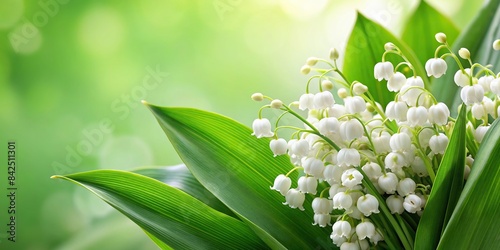 A delicate cluster of white lily of the valley blossoms with green leaves, with ample empty space above for text or design elements, lily of the valley, convallaria majalis