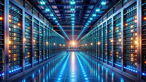 A sprawling server room, filled with rows of towering servers, their blinking lights casting an eerie glow, symbolizing the immense power of the internet and its generative capabilities
