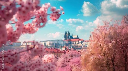 Hradcany hill with cathedral and castle on the background of blue sky and blooming pink cherry trees in springtime Spring in Prague Czech Republic : Generative AI