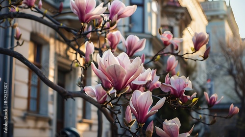 Blooming pink magnolias on the streets and in the courtyards of houses in Bucharest Magnolia tree with pink flowers in the city of Bucharest Blooming magnolias in spring in RomaniaHart : Generative AI
