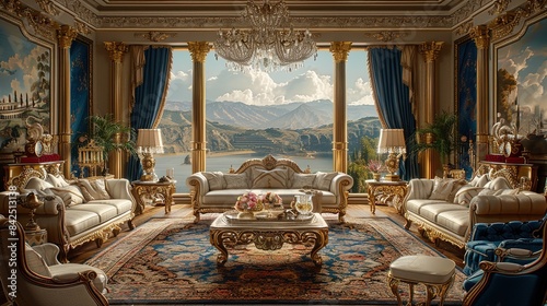 A large, luxurious living room with a view of mountains and a lake